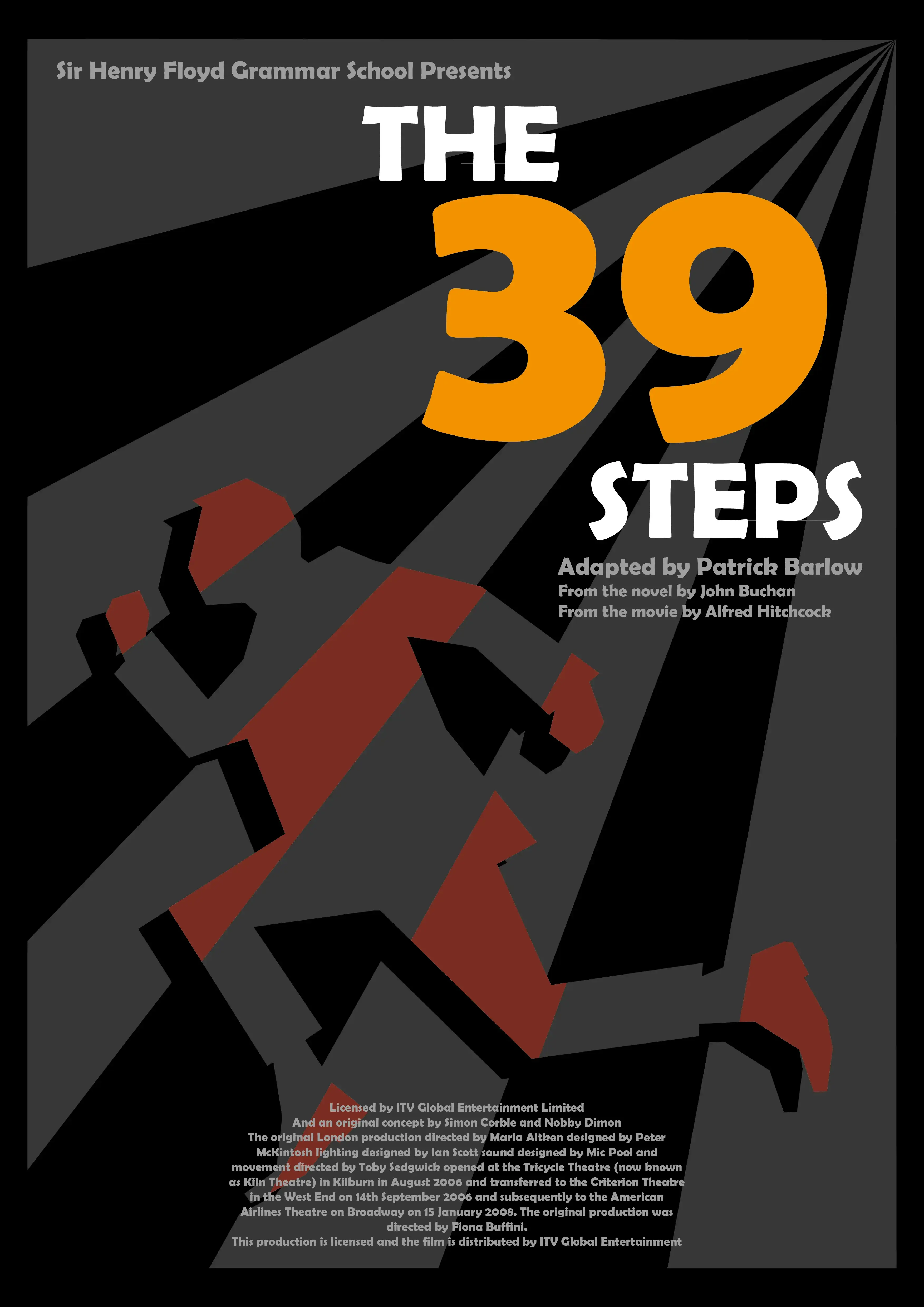 A poster design with a man in grey and red running across the screen. Above it is the title 'The 39 Steps'